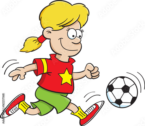 Cartoon illustration of a girl kicking a soccer ball.