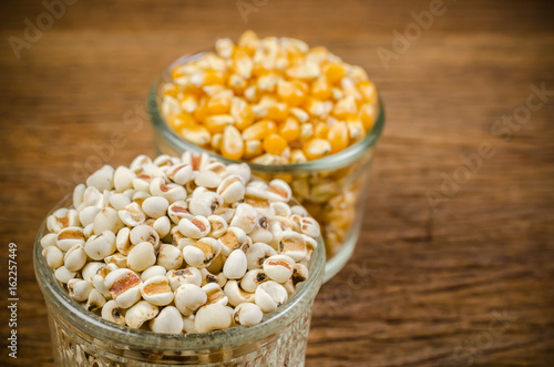 Job's tears and dried corn seed in glass,agriculture product