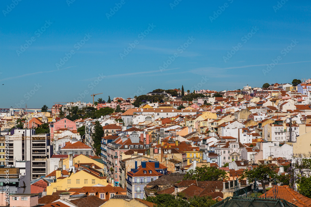 Aerial view of the red roofs of Alfama, the historic area of Lisbon