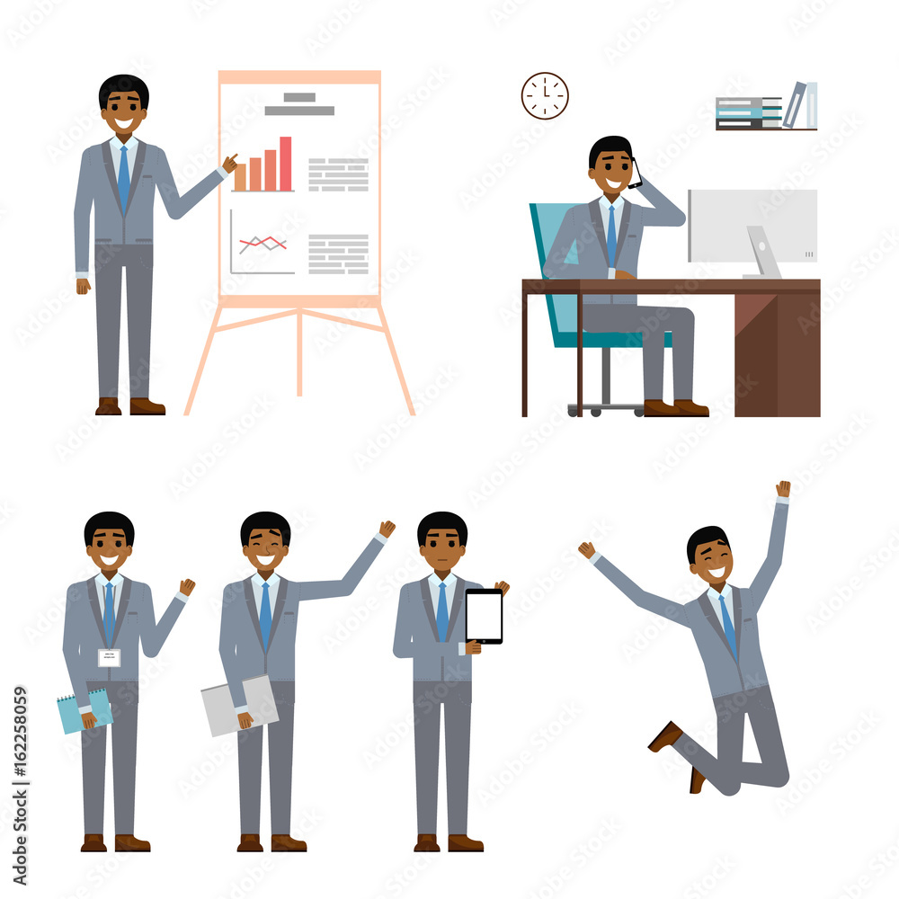 Businessman character design set. African black business man in suit making project presentation, point and showing laptop tablet, talk on mobile phone. cartoon flat. vector illustration isolated. Businessman character design set. African black business man in suit making project presentation, point and showing laptop tablet, talk on mobile phone. cartoon flat. vector illustration isolated.