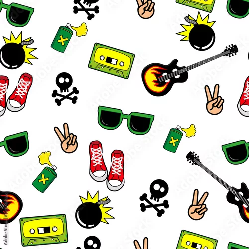 Tapety Śliczne dziecięce wzory dla dziewczynek i chłopców. Kolorowe obiekty młodzieżowe na abstrakcyjnym tle grunge tworzą zabawny rysunek kreskówki. Tło jest wykonane w neonowych kolorach. Tło miejskie dla tekstyliów i tkanin