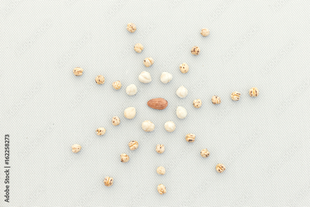 the figure in the form of a circle with radiating rays made of different nuts