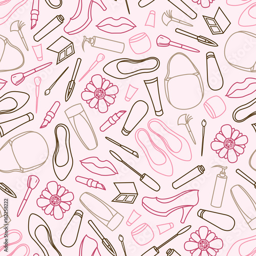 Seamless pattern with female objects. Cosmetics, shoes, bags, flowers. Mascara, eye pencil, lipstick, cream, tube, shadows, brushes. Vector illustration.