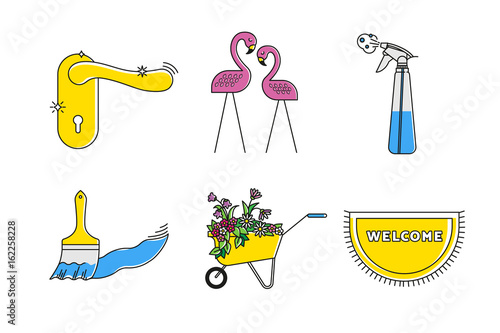 Plastic flamingos, golden door handle, cleaning disinfection spray, brush and paint stroke, garden blooming flowers cart, welcome doormat. Flat household