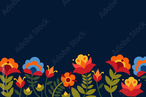 Greeting card with flowers. Bright images on a dark background. Vector illustration.