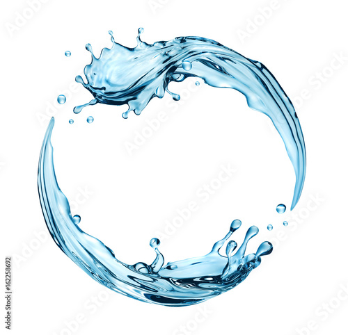3d render, digital illustration, blue wave, water splashing round frame, aqua, clear liquid splash isolated on white background