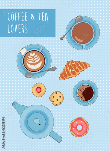 Vector illustration with tea and coffee cups, cookies and pastry