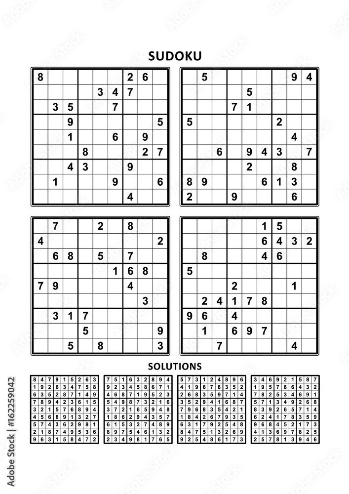 four sudoku puzzles of comfortable easy yet not very easy level on a4 or letter sized page with margins suitable for large print books answers included set 4 stock vector adobe stock