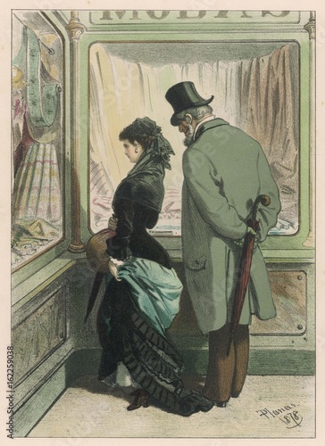 Man and woman window shopping. Date: 1879 photo