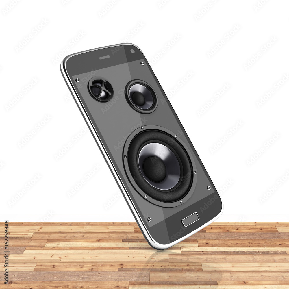 Fototapeta premium Musical smartphone Mobile phone music app Cellphone and loudspeakers on wood floor white background with reflection 3d
