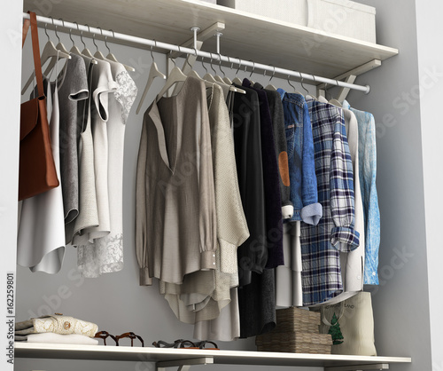 Wardrobe built-in wall with clothes 3d render