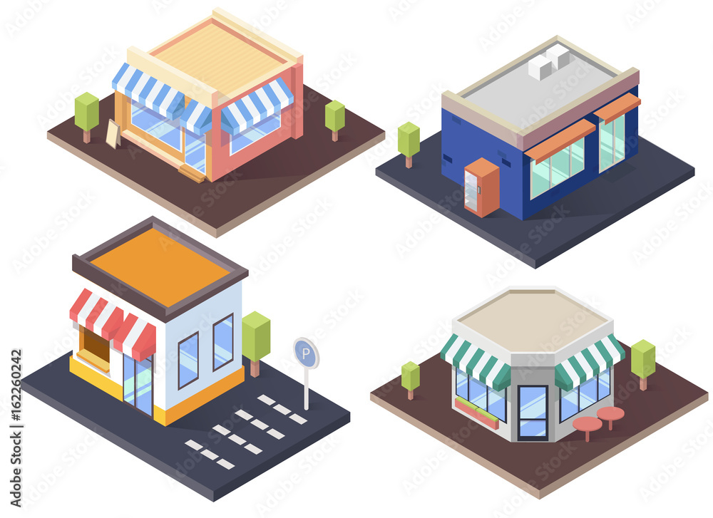  Isometric cafes, shop and supermarket with awnings.Flat vector illustration set.