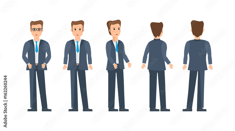 Businessman in strict business, work clothes, various poses and positions.