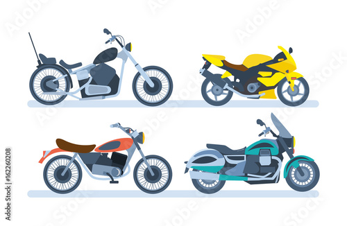 Ground vehicles. Different types of motorcycles  sports  tourist  classic  off-road.