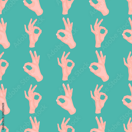 Ok hands success gesture okey yes agreement signal seamless pattern human agree best approval vector.