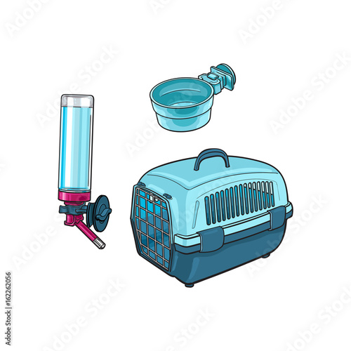 Plastic pet travel carrier, feeding bowl and refillable drinker, sketch vector illustration isolated on white background. Hand drawn plastic pet carrier, bowl and drinker for pet transportation