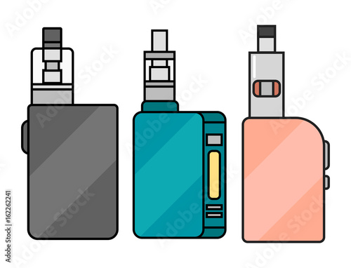 Vape device vector set cigarette vaporizer vapor juice bottle flavor illustration battery coil.
