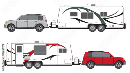 Camp trailer and SUV in two different color schemes
