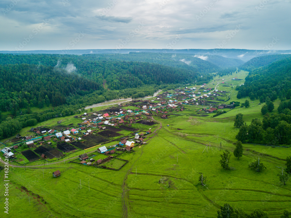 Aerial view of the Russian countryside in rainy weather