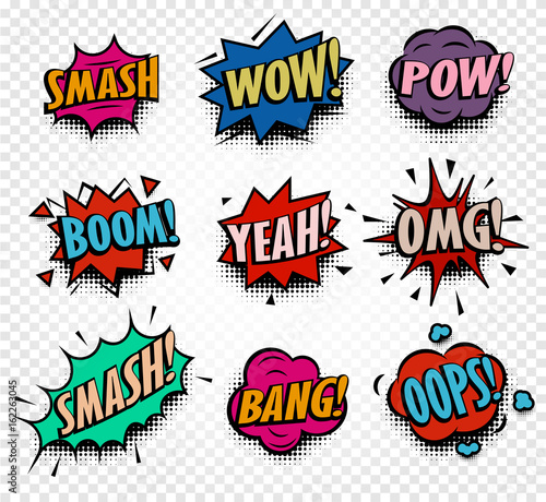 Isolated abstract colorful comics speech balloons icons collection on checkered background, dialog boxes with popular expressions set,pop art dialog frames vector illustration.