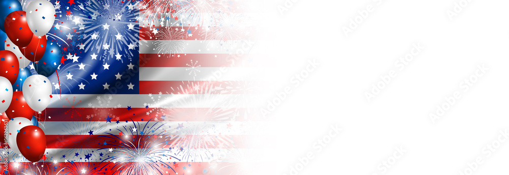 USA flag with fireworks and balloon background for 4 july independence day - obrazy, fototapety, plakaty 