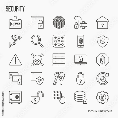 Security and protection thin line icons set: data, surveillance camera, finger print, electronic key, password, alarm, safe. Vector illustration.