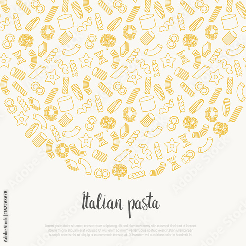 Concept with different types of Italian pasta for menu background of restaurant or cafe. Thin line vector illustration.