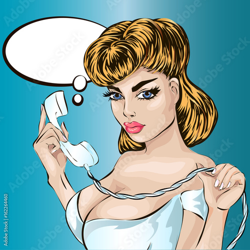 Sexy Pin-up woman answers a phone call. Vector pop art comic retro style illustration