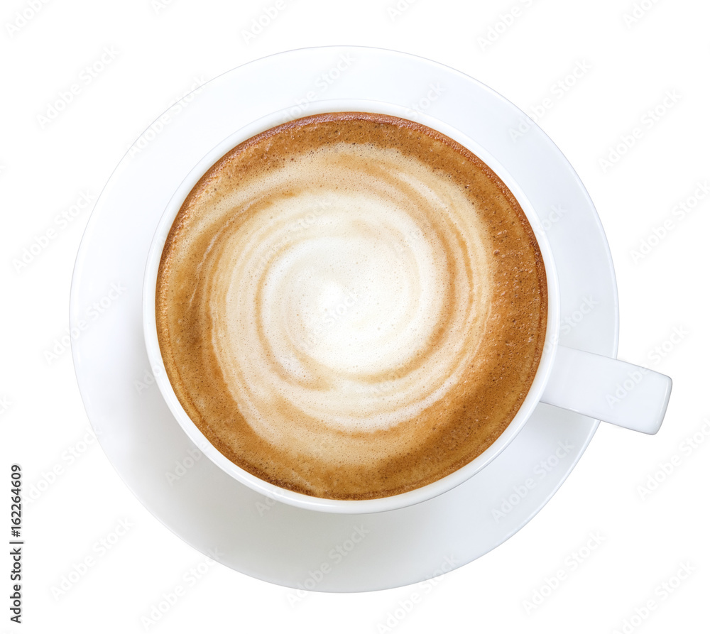 Top view of hot coffee latte cappuccino spiral foam isolated on white background, clipping path included Top view of hot coffee latte cappuccino spiral foam isolated on white background, clipping path included