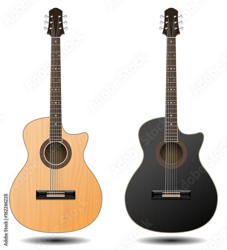 Guitar set isolated on white background. Classic guitar for Your business project. Black and brown wooden guitars. Vector Illustration
