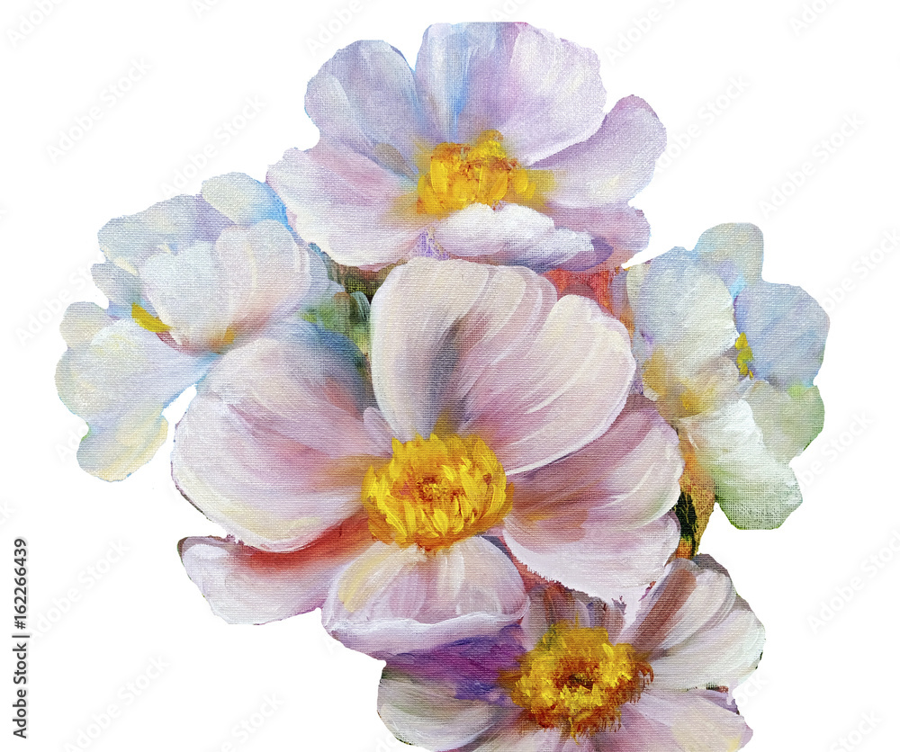 Fototapeta premium Bouquet of pink flowers with paint drips. Oil painting on Canvas. Isolated on white background