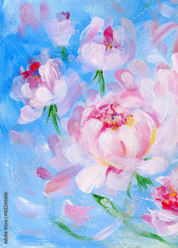 Blooming pink peonyon blue background. Oil painting on canvas