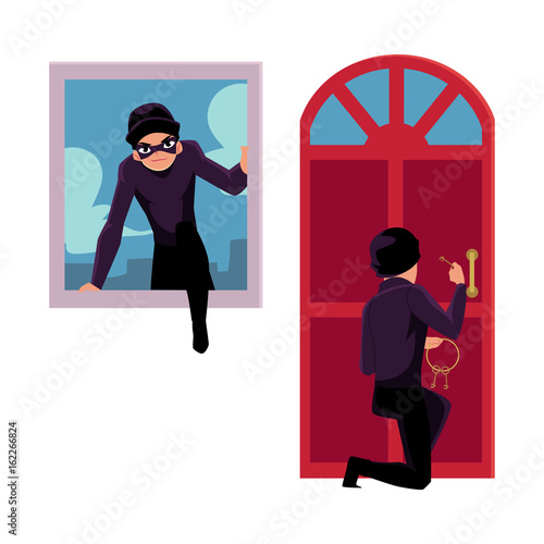 Thief, burglar breaking in house through front door and window, cartoon vector illustration isolated on white background. Burglar, thief breaking into house by snapping door lock, climbing in window