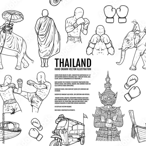 Thailand Travel Landmarks pattern. Hand draw Vector Illustration. Amazing thailand