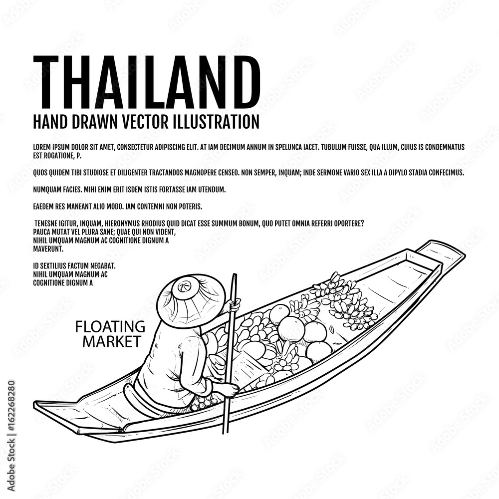 floating market hand drawn vector Illustration. Thai market Elements