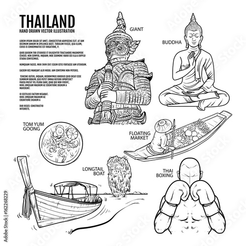 Thailand Travel Landmarks. Hand draw Vector Illustration. Amazing thailand, buddha, boxing, giant, tomyum, floating market