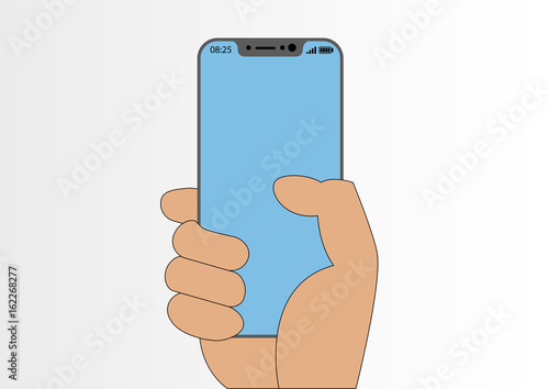 Vector illustration of hand holding modern bezel-free smartphone isolated on white background