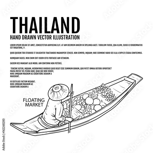 floating market hand drawn vector Illustration. Thai market Elements Design. Thai river.