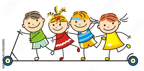 Children on a scooter. Vector illustration.