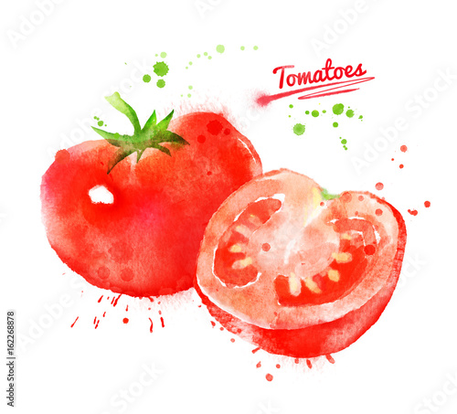 Watercolor illustration of  whole and half tomato