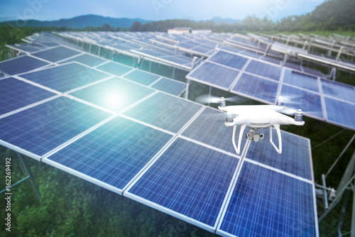 Drone with camera fly over Solar panels   Photovoltaic systems .
