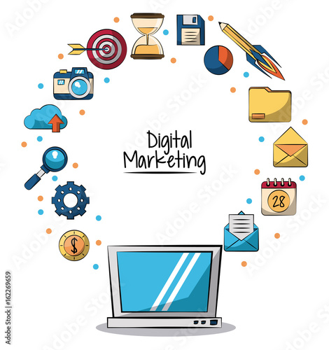 poster of digital marketing with laptop computer in closeup and marketing icons around on him