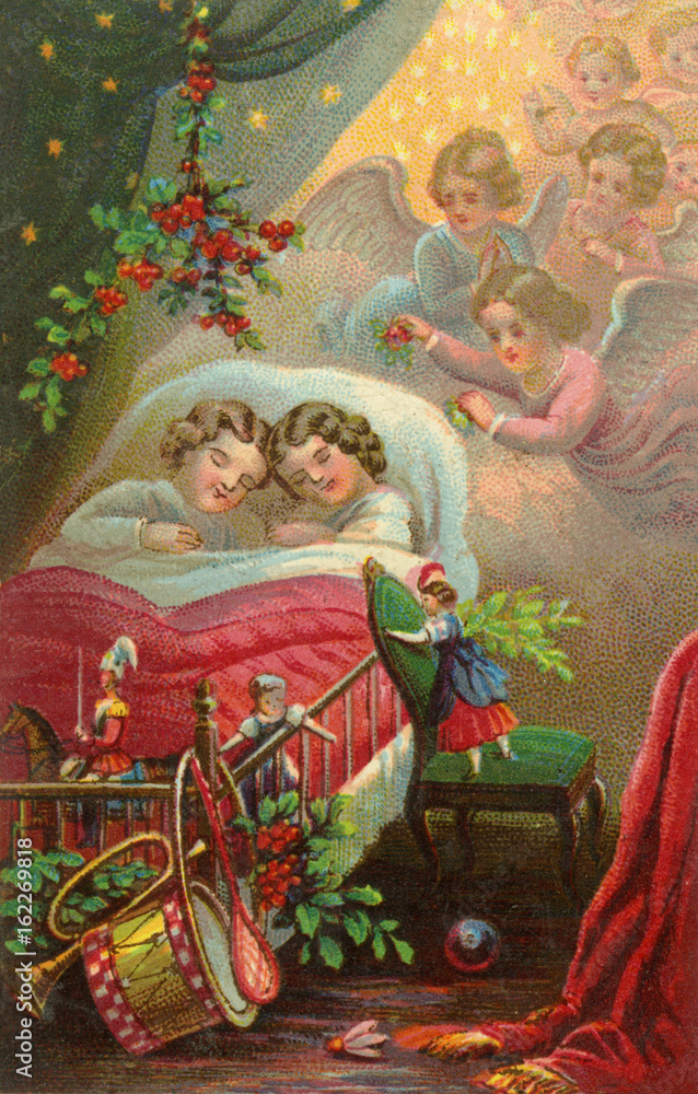 Christmas angels over children's bed. Date: circa 1870