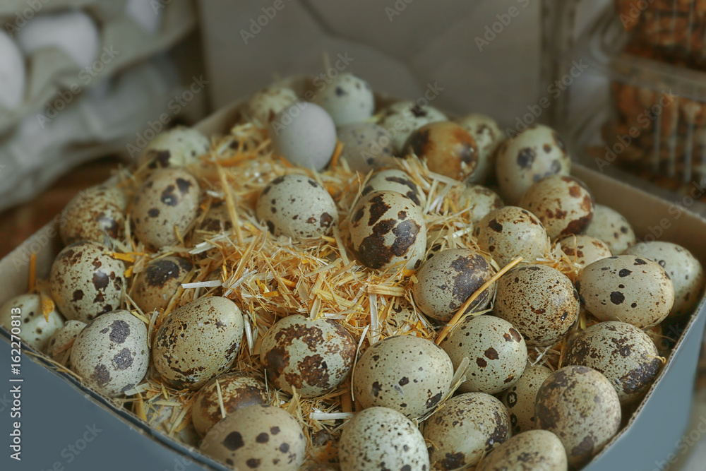 Box with quail eggs, closeup Box with quail eggs, closeup
