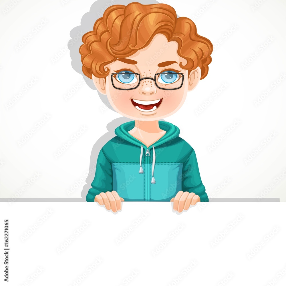 Cute blond girl in glasses holds a large white horizontal banner on a white background Cute blond girl in glasses holds a large white horizontal banner on a white background