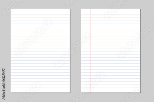 Set of vector sheets of lined paper with border isolated on a gray background