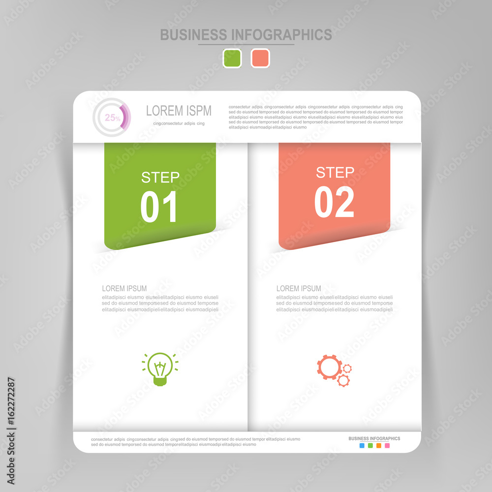 Infographic template of two steps on squares, tag banner, work sheet, flat design of business icon, vector