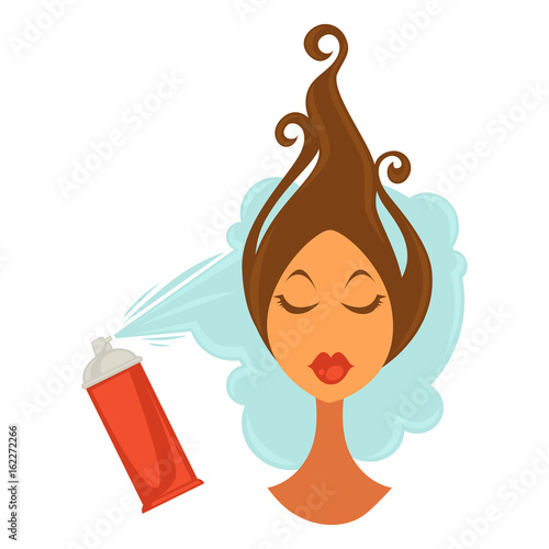 Female face with raised hair and bottle spraying on it