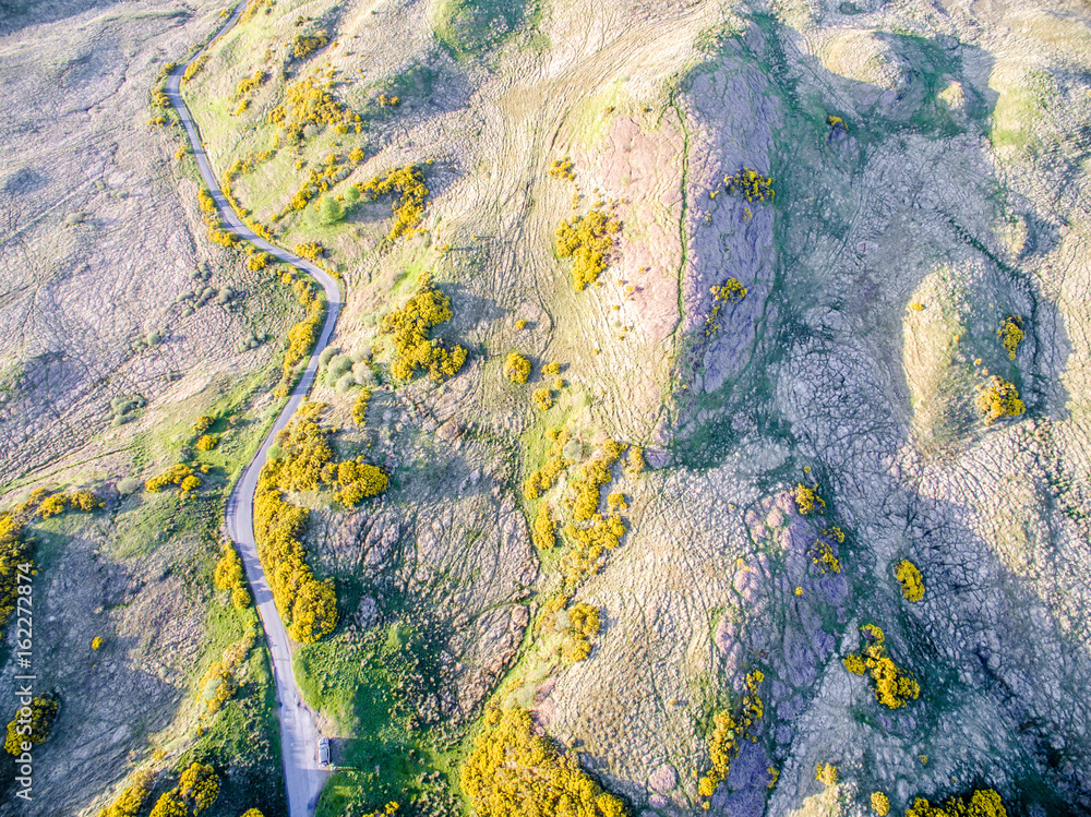 Aerial view of scottish single track road with passing places broom on a moor in the highlands