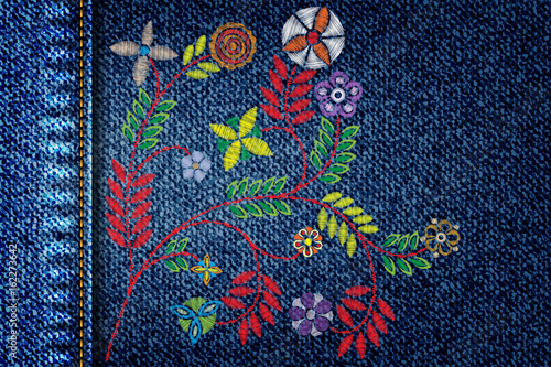 Girl denim texture with embroidery colorful trend floral bouquet. Contemporary traditional folk with color flowers arrangements on blue background for dress design. Stitch patch jeans dress.  Vector.
